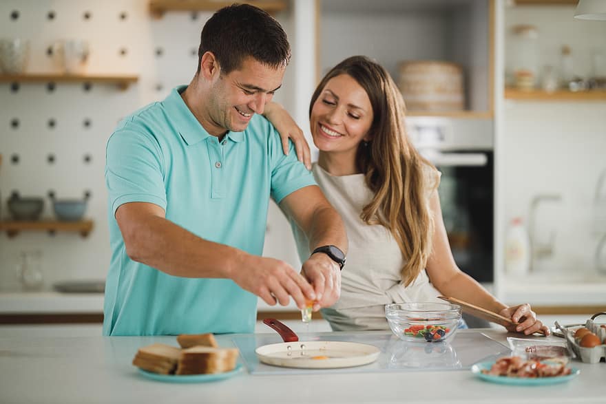 pasangan, cinta, dapur, sarapan, hubungan, orang-orang, bersama, wanita, senang, romantis, memasak