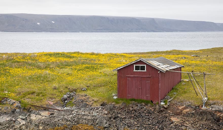 valčių namai, saloje, Norvegijoje, jūros, Arkties jūra