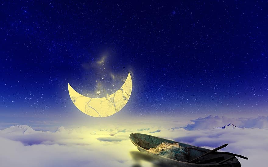 月、空、ピースタバコ、空は崇拝です、雲、マンスピース、小さい、ぶら下がっている部分、夜空