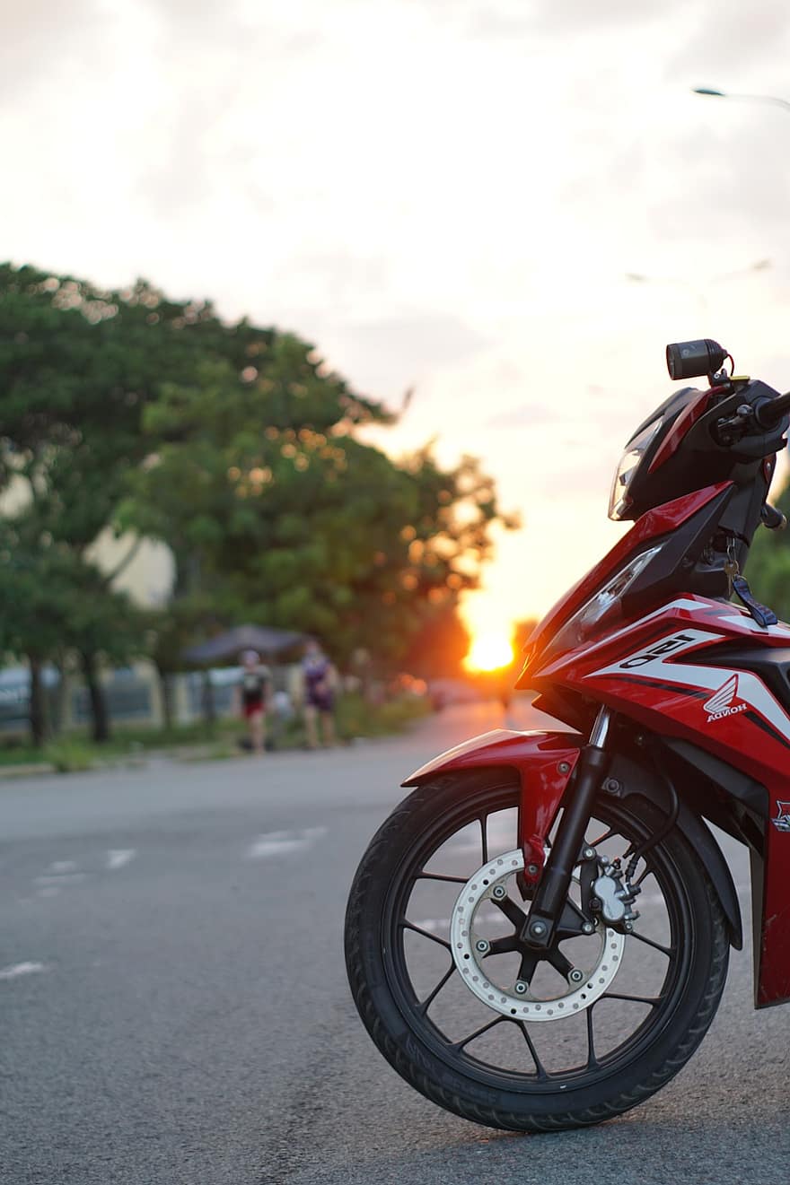 通り、バイク、オートバイ、日没、道路