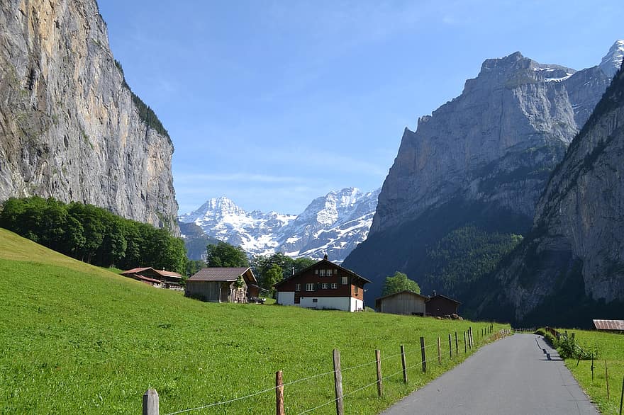 vuoret, laakso, tie, polku, Sveitsin Alpit, Sveitsi, ulkona, matkailu, matkustaa, matka, vesiputous