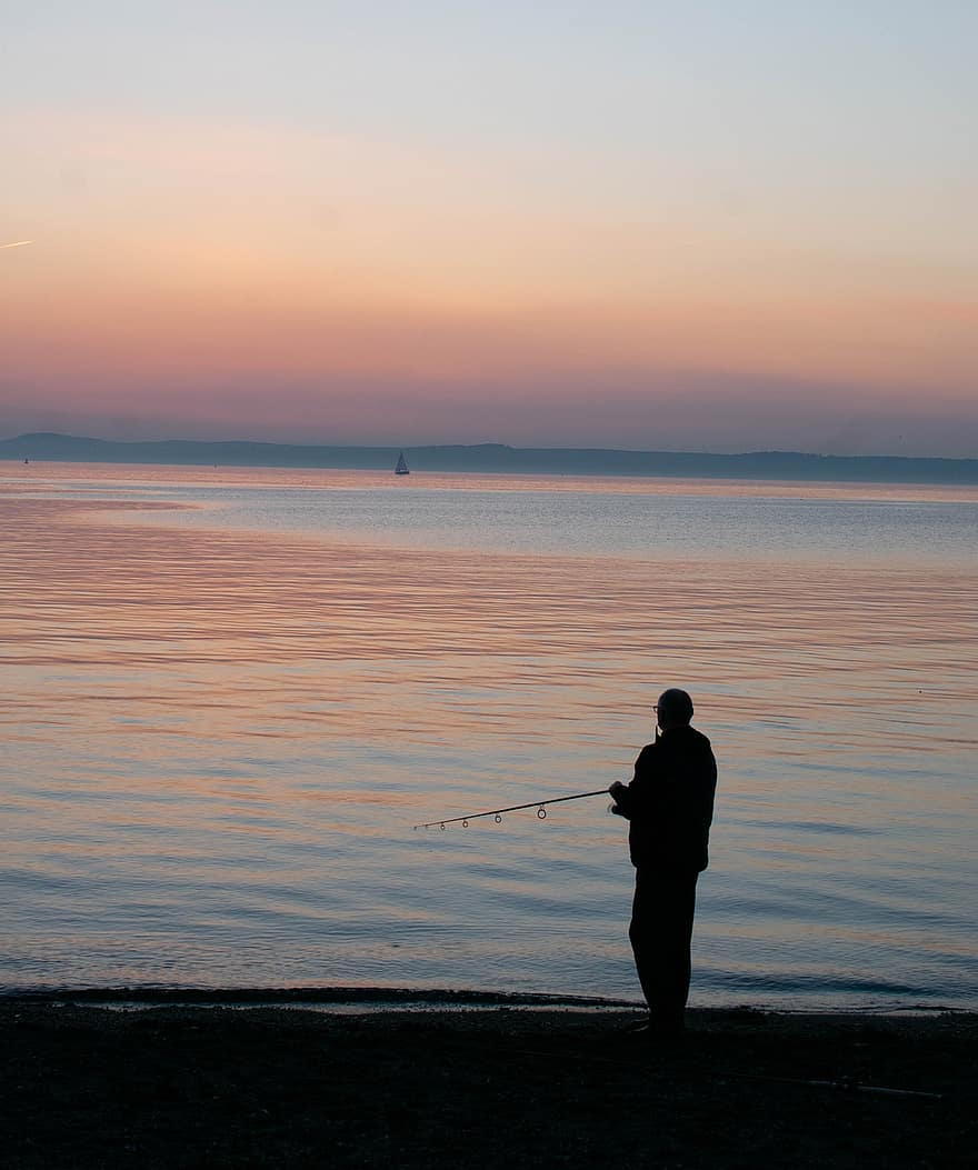 pescar, mar, puesta de sol, largs, Escocia, pescador de caña, hombre, pesca en el mar, caña de pescar, costa, oscuridad