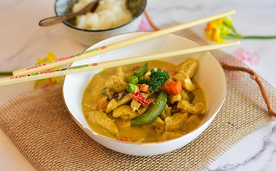 frango, Curry, legumes, caril tailandês, Curry de galinha, picante, foto de comida, especiaria, afiado, nitidez, Pimenta