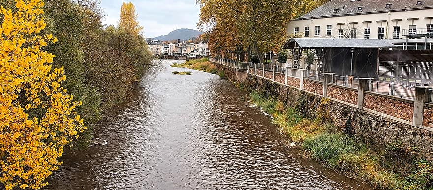 River, Channel, Trees, Buildings, Autumn, Fall, Germany, Rheinland-pfalz, Kurstadt