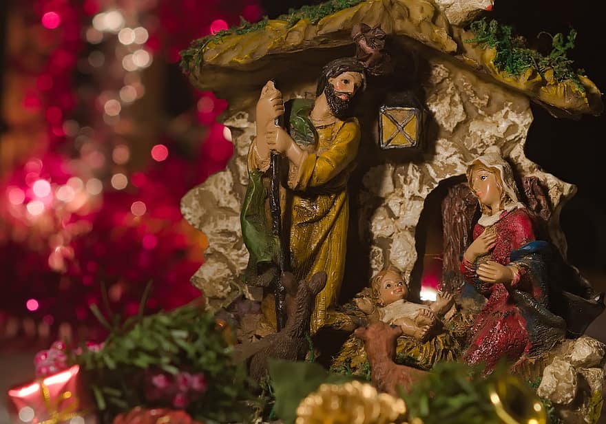 Коледа, сцена на Рождество Христово, религия, християнство, празненство, духовност, католицизъм, култури, украса, нощ, подарък