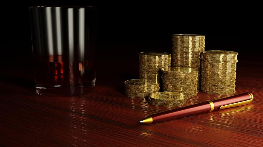 Gold, Geld, Finanzen, finanziell, Stift, Reichtum, Kasse, Investition, Einkommen, investieren, Alkohol
