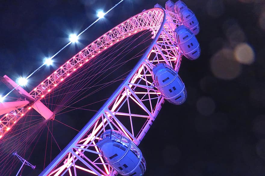 londinense, Londres, Inglaterra, noche, iluminado, la vida nocturna, divertido, rueda, equipo de iluminación, carnaval itinerante, oscuridad