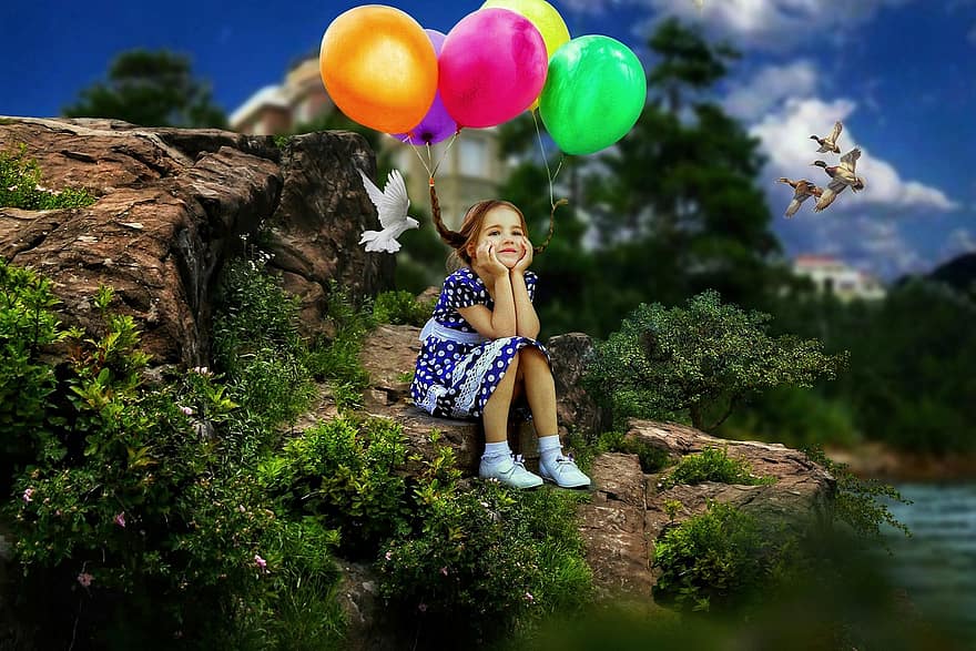 meer, meisje, ballonnen, vogelstand, bomen, gebladerte, kleine meid, kind, schattig, natuur