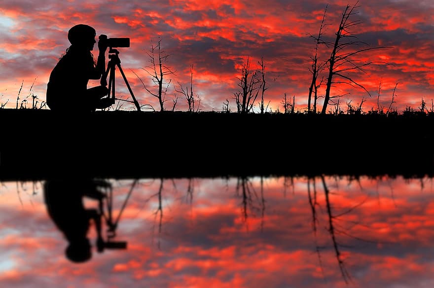 zonsondergang, meer, natuur, fotograaf, hemel, water, wolken, reflectie, avond, zon, kalmte