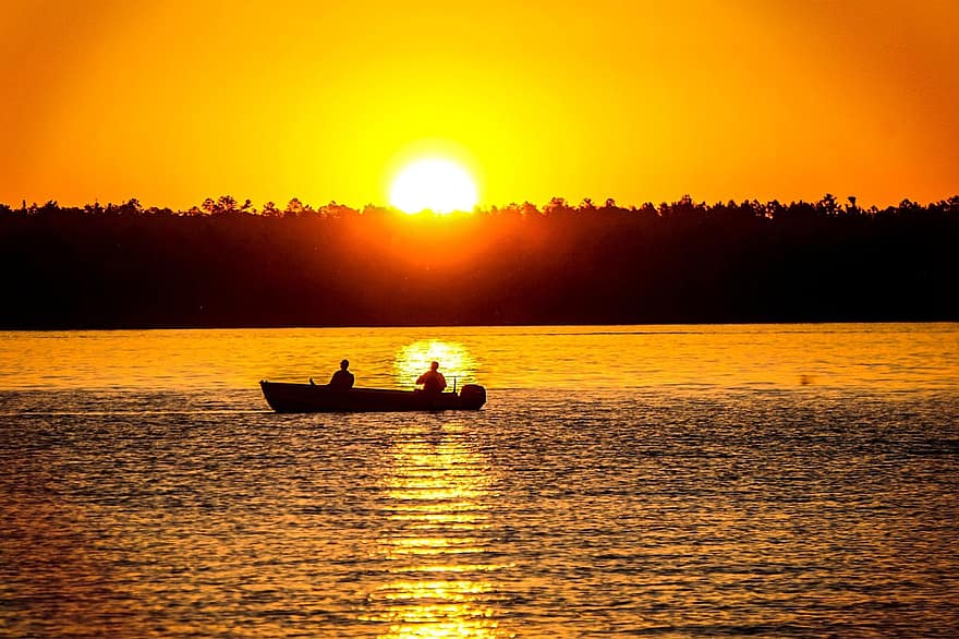日没、釣り、漁師、ボート、ミネソタ、湖沼、太陽、バーミリオン湖、空、影、明るい