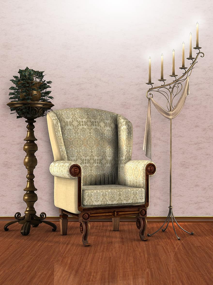 інтер'єр, кімнати, візуалізувати, стілець, крісло, Вінтаж, світло, свічка, свічник, Рослина, дерево