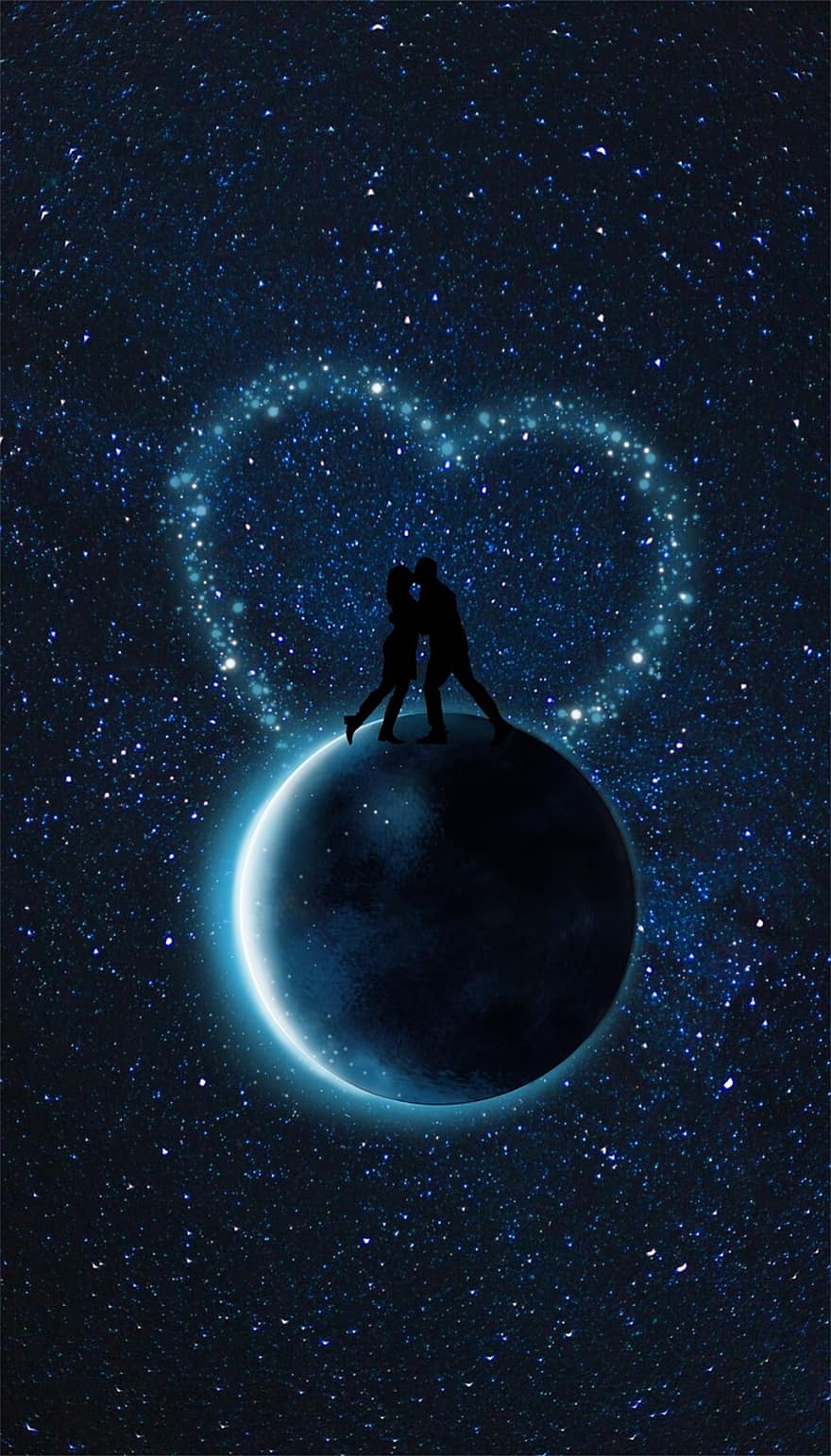 mặt trăng, cặp đôi, tim, màu xanh da trời, vũ trụ, ngôi sao, tỏa sáng, yêu và quý, Những nụ hôn, lãng mạn
