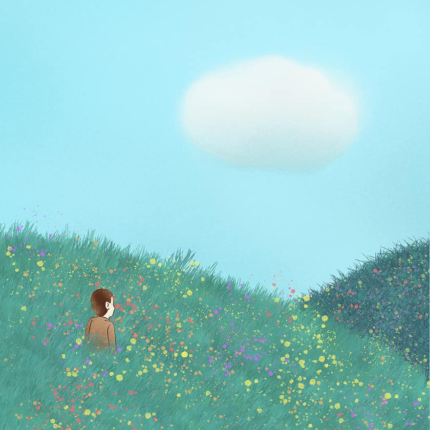 homem, Prado, pintura, sozinho, tristeza, nuvem, céu, grama, flores, prado flor, campo de flores