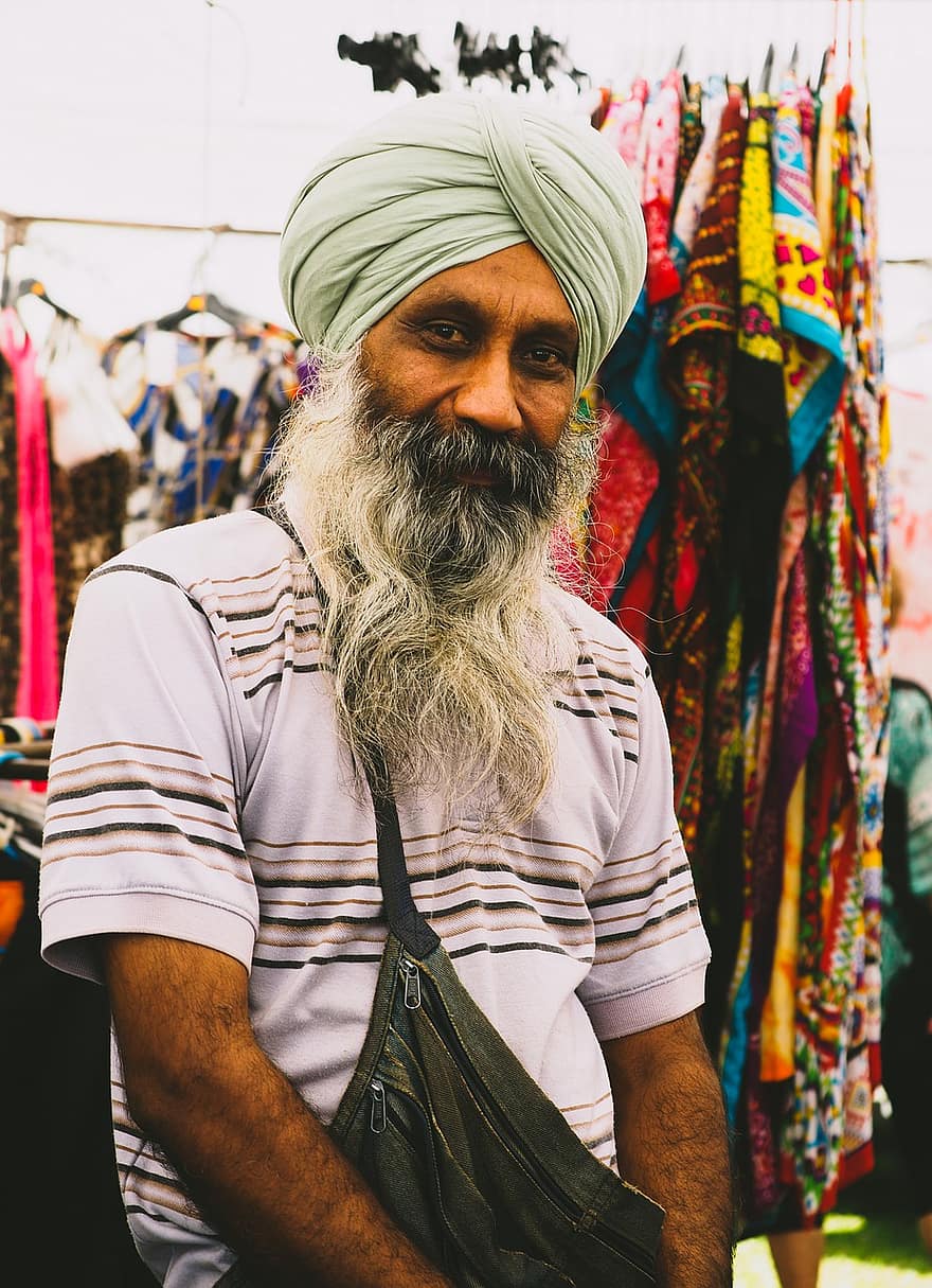 marked, næringsdrivende, Sikh, turban, menn, skjegg, én person, voksen, kulturer, hanner, senior voksen