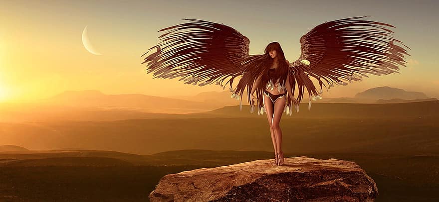 Fantazja, anioł, skrzydło, światło, Płeć żeńska, mistyczny, nastrój, niebo, dziewczynka, fotomontaż, uspokajający