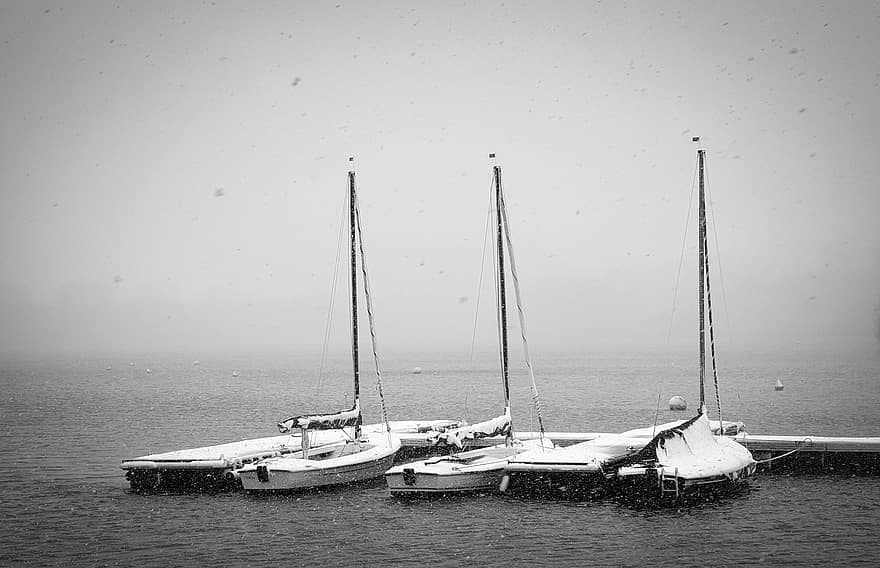 segelbåtar, docka, snö, snöfall, vinter-, brygga, båtar, sjö, flod, vatten