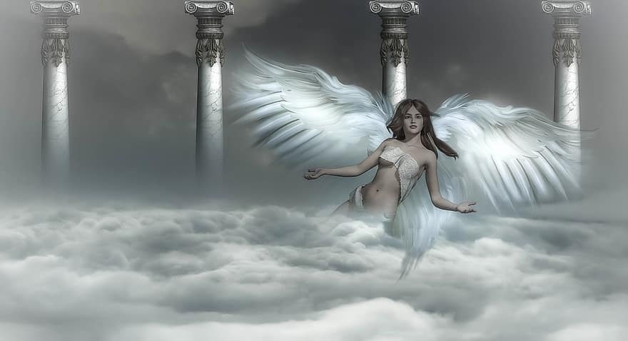 achtergrond, fantasie, engel, hemel, wolken, engelenvleugels, mystiek, sprookje, vrouw, digitale kunst