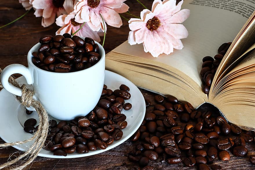 cafè, grans de cafè, tassa, flors, llibre, floral, decoratiu, decoració, beure, al matí, sabor