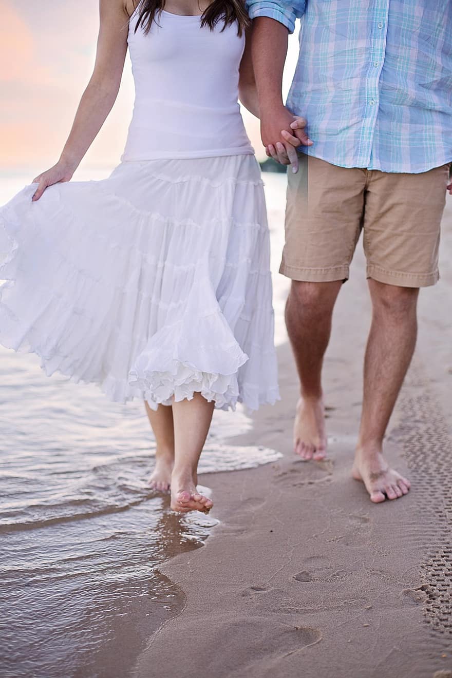 Beach, Walking, Couple, Strolling, Lovers, Walk, Ocean, Sea, Sunset, Seaside, Summer