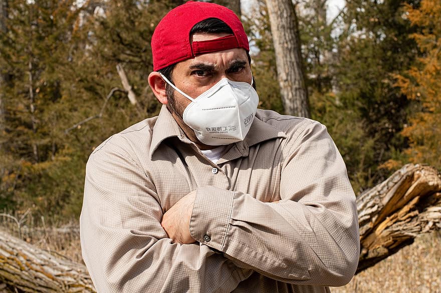 Man, Face Mask, Grumpy, Outdoors, Forest, men, one person, adult, males, portrait, looking at camera