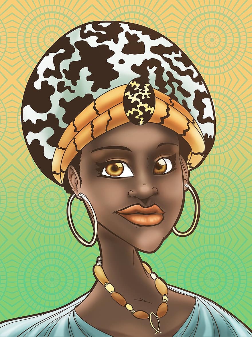 femeie, fericit, eșarfă pentru cap, Femeie, colorat, cultură, african, portret