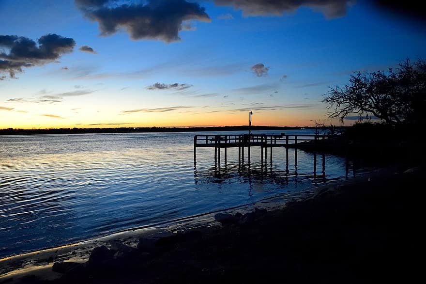 Fishing Pier, Pier, Sunset, River, Evening, Silhouette, Florida, Water, Dusk, Scenic, Dock
