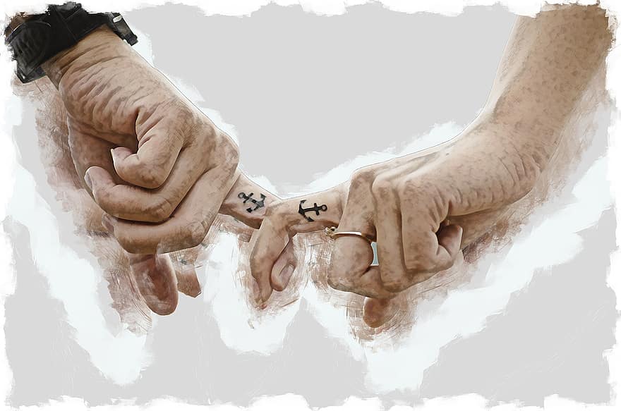 hænder, par, ring, tatovering, matchning, romantik, kærlighed, forhold, sammen, support, mennesker
