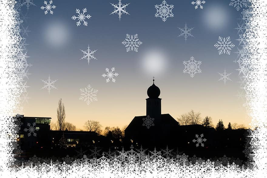 Vánoce, silueta, vesnice, kostel, sníh, strom, starý, moderní, odpočinek, nebe, atmosférický