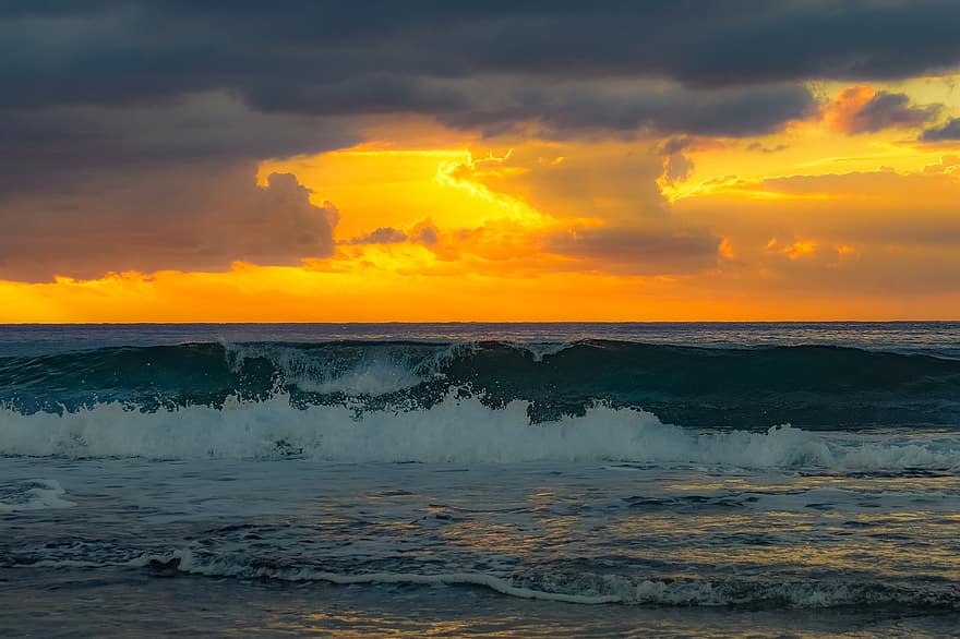 saulrieta, viļņi, jūra, pludmale, okeāna viļņi, krēsla, krēslas, horizonts, okeāns, ūdens, jūras ainava