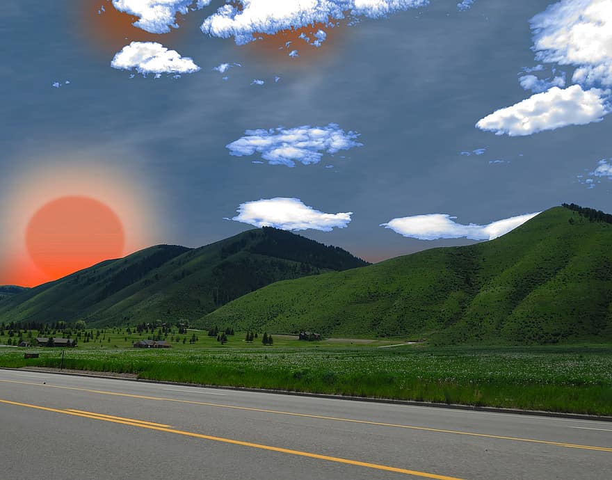 autopista, Utah, puesta de sol, montañas, paisaje, oscuridad, verano, escena rural, montaña, hierba, azul