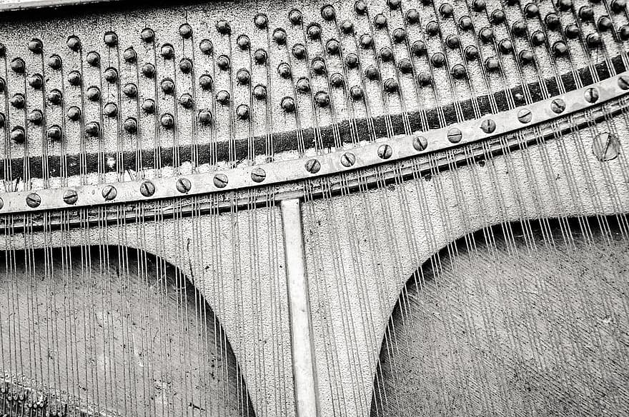 Piano Strings, Music, Steel Strings, Piano, architecture, pattern, close-up, black and white, abstract, metal, steel