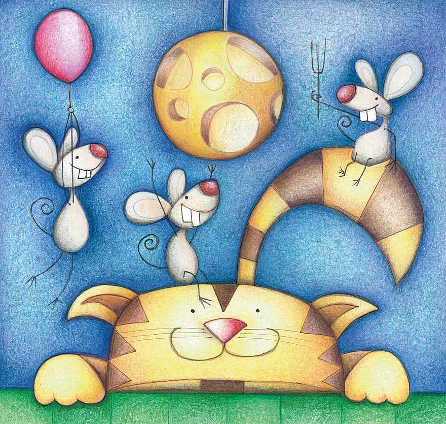 katt, mus, måne, ballong, färgrik