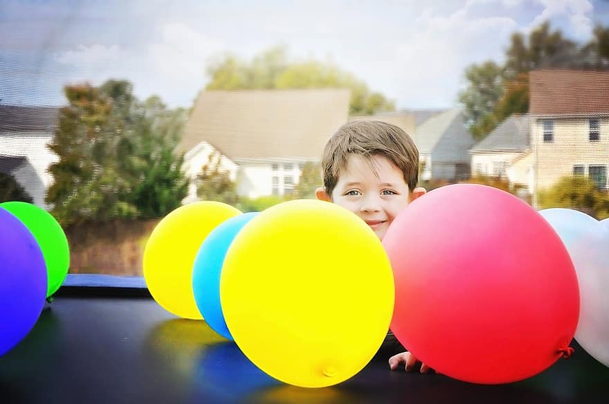 балони, момче, дете, хлапе, празненство, цвят, детство