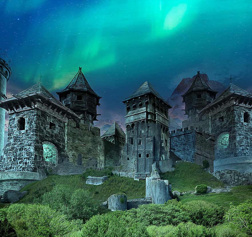 замок, небо, Северное сияние, пейзаж, руины, средний возраст, фантастика, крепость, ночь, архитектура, темно