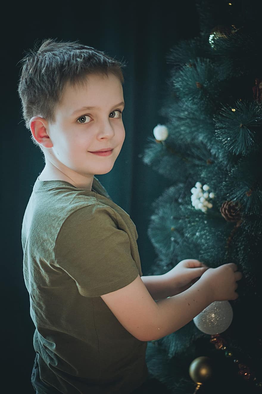 nyt år, jul, dreng, jullegetøj, børn, Pynte juletræet, julepynt, baby, barn, Dreng ved træet, juletræ