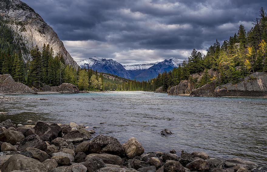 River, Rocks, Mountains, Bank, Trees, Water, Cloudy, National Park, Rocky Mountains, Scenic, Nature
