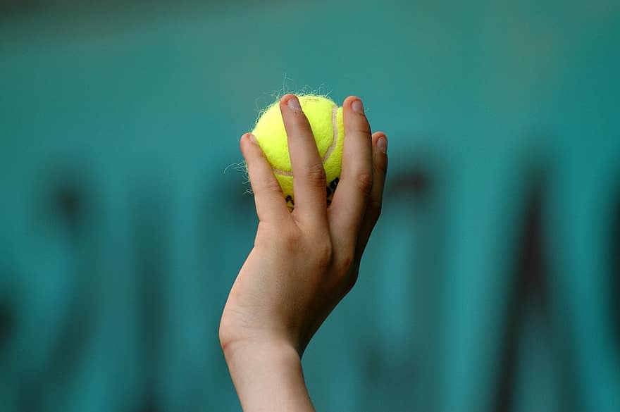 ръка, топка за тенис, дете, топка, тенис, хлапе