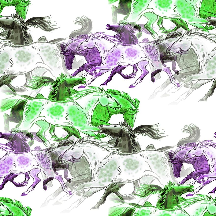 Horse, Horses, Animal World, Green, Purple, Grey, Pattern, Motif, Design, Background, Flock