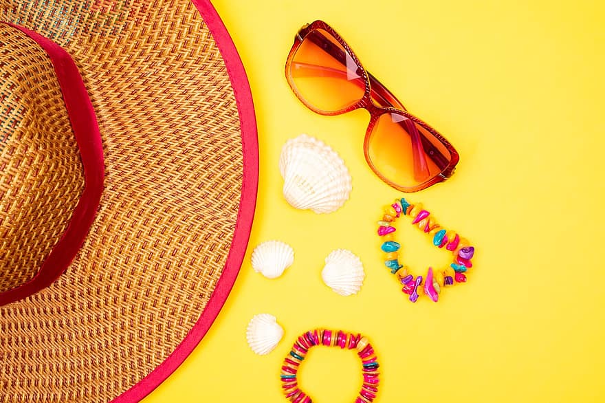 Background, Summer, Accessories, Sunglasses, Bracelets, Hat, Decoration, Seashells, Shells, Colorful, Decor