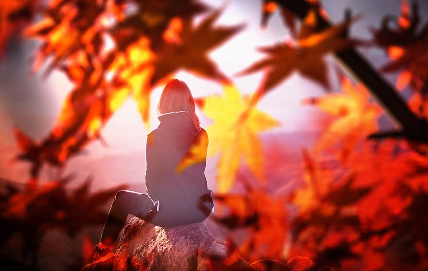 Autumn, Leaves, Woman, Move, Dreamy, Outlook, Rock, Distant, Wide, Longing, Autumn Colours