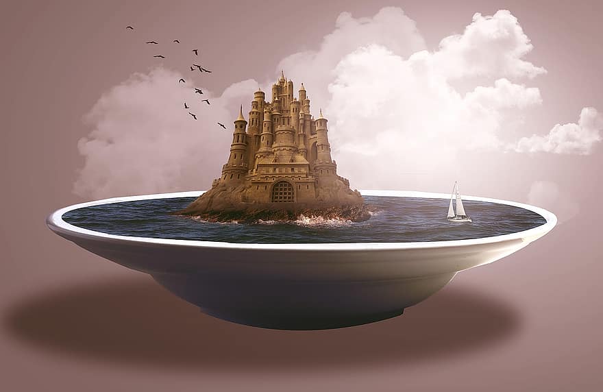 plano, placa, mar, areia, ile, castelo, barco, manipulação fotográfica