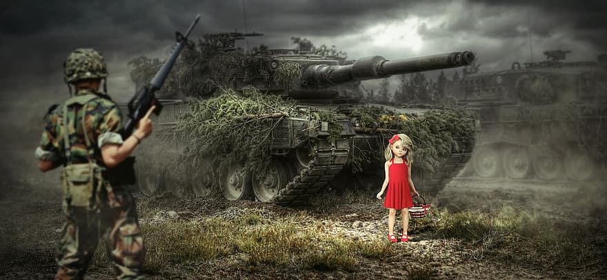 전쟁, 탱크, 병사, 소녀, 감정, 무서움, 엄한, 무기, 군, 전투, 연기
