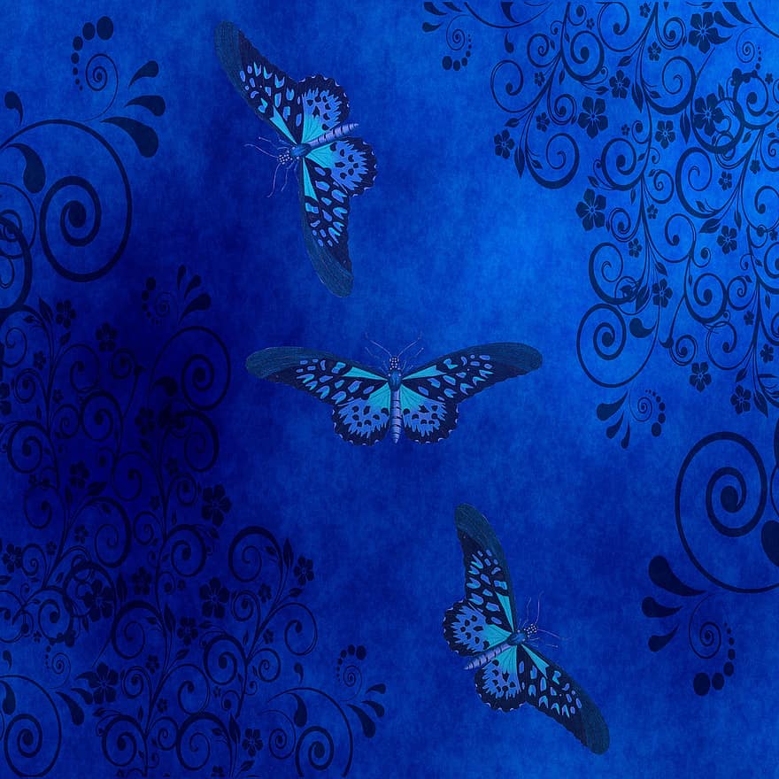 sommerfugler, mønster, design, bakgrunn, digitalt papir, blomstre, scrapbooking, årgang, retro, blå, sommerfugl