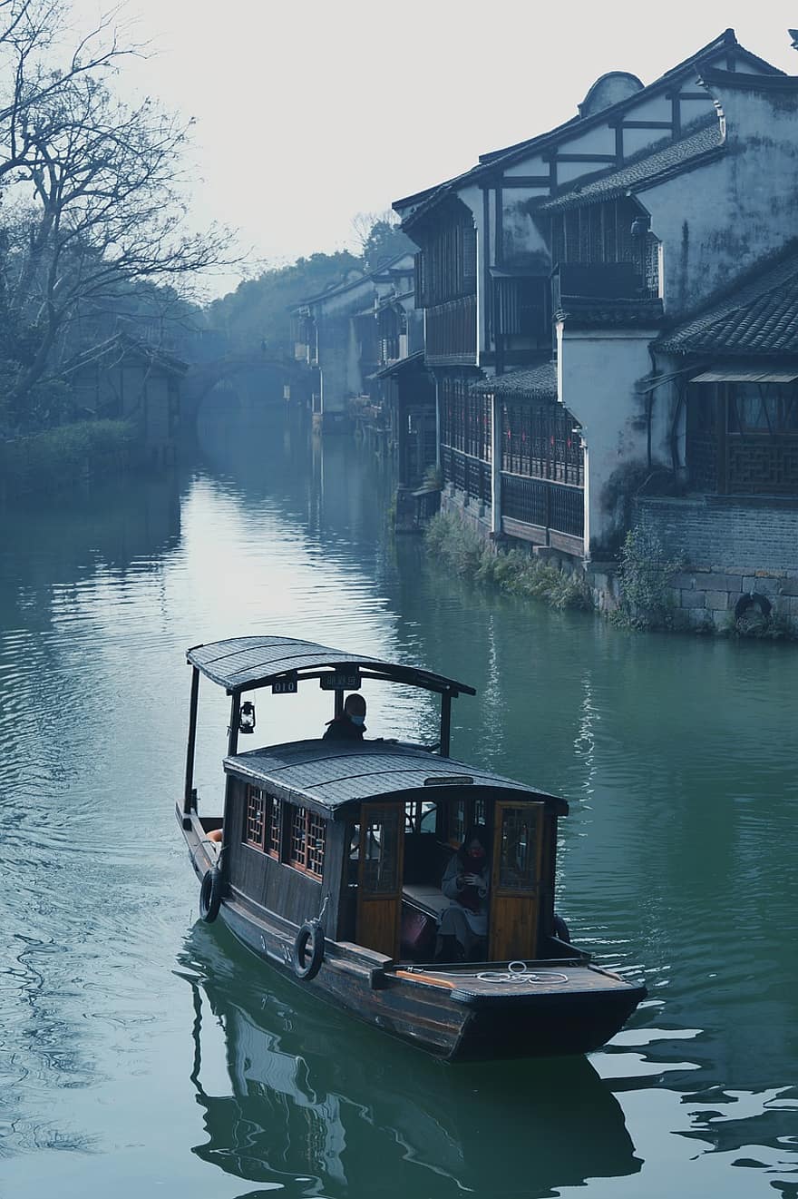 łódź, watertown, podróżować, naczynie, xitang, nanxun, woda, statek morski, transport, kanał, architektura
