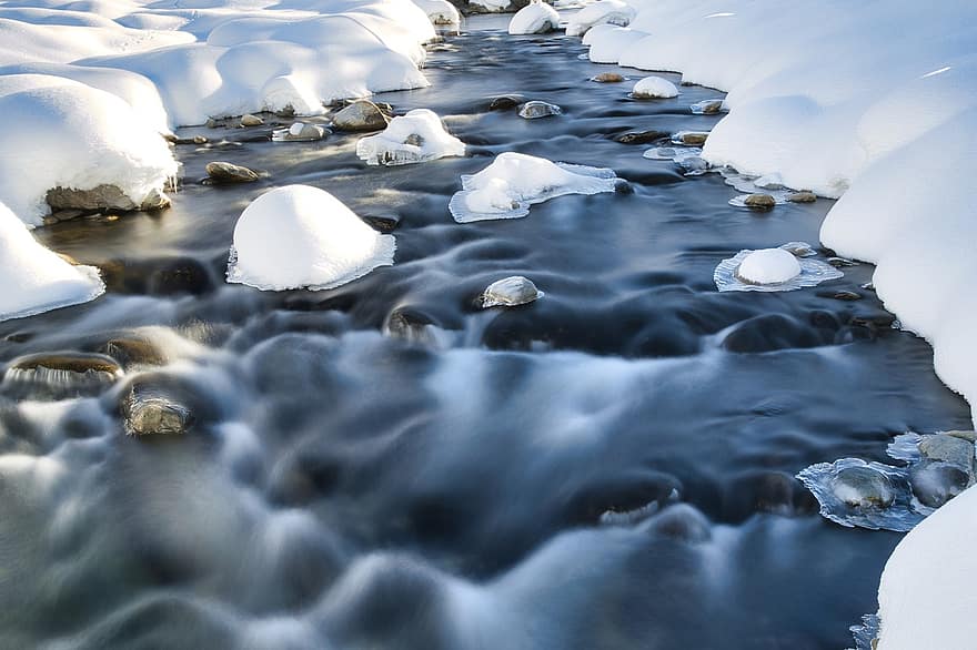 강, 눈, 겨울, 바위, 돌, 바흐, 흐름, 작은 만, 물, 눈이 내리는, 감기