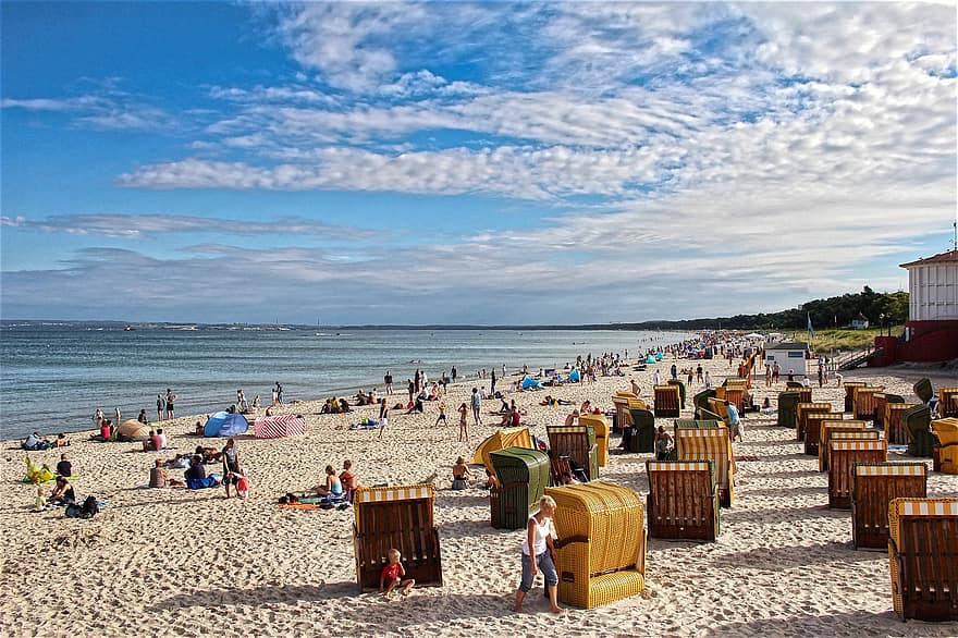 spiaggia, persone, mare, oceano, mare Baltico, Sellin, Rügen, Strandbad, sedie a sdraio, turisti, vacanza