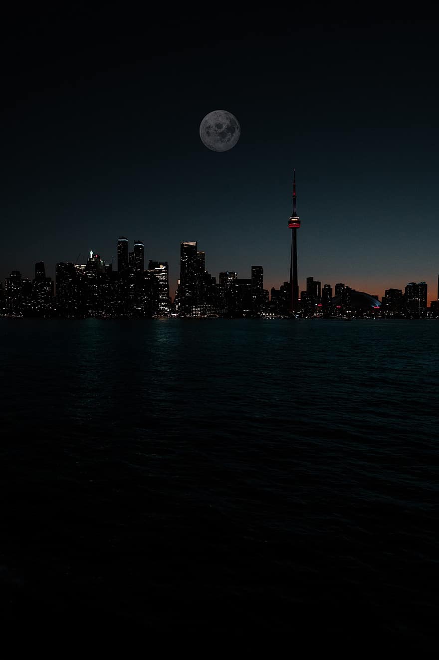 natt, måne, stad, hav, horisont, skyskrapor, byggnader, stadsljus, stadsbild, fullmåne, månsken