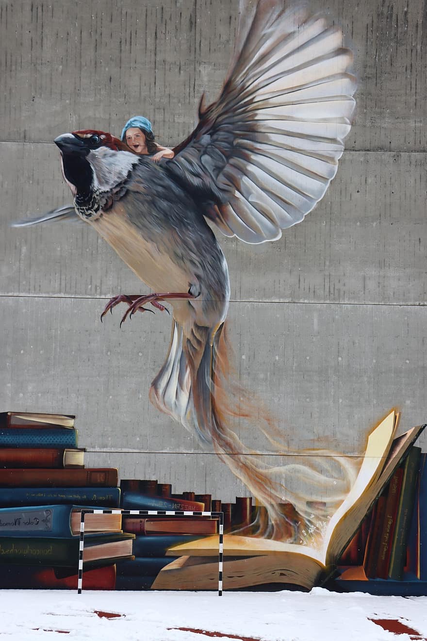 mural, graffiti, ocell, nen, volant, art mural, Conte de fades, llibre, ploma, educació, aprenentatge