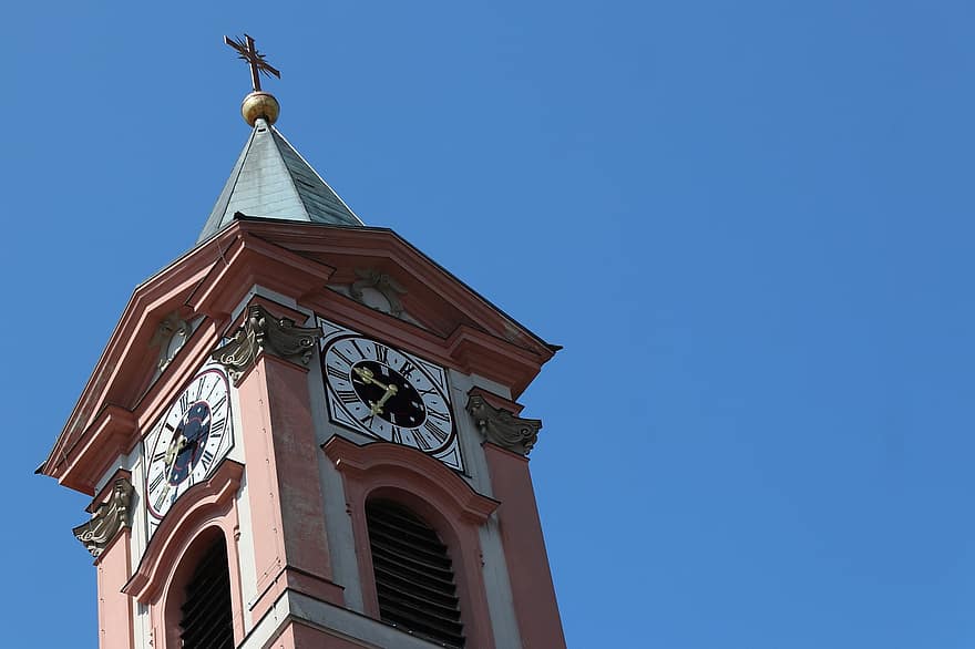 kirkko, torni, ylittää, kello, rakennus, uskonto, arkkitehtuuri, kaupunki, Baijeri, Tonava, historiallinen keskusta
