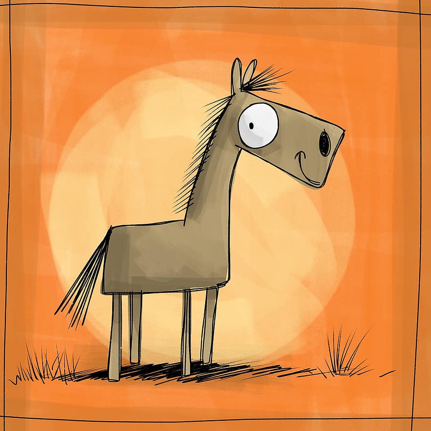 cavall, equí, eqüestre, herba, crinera, mamífer, somrient, animal, dibuixos animats, taronja